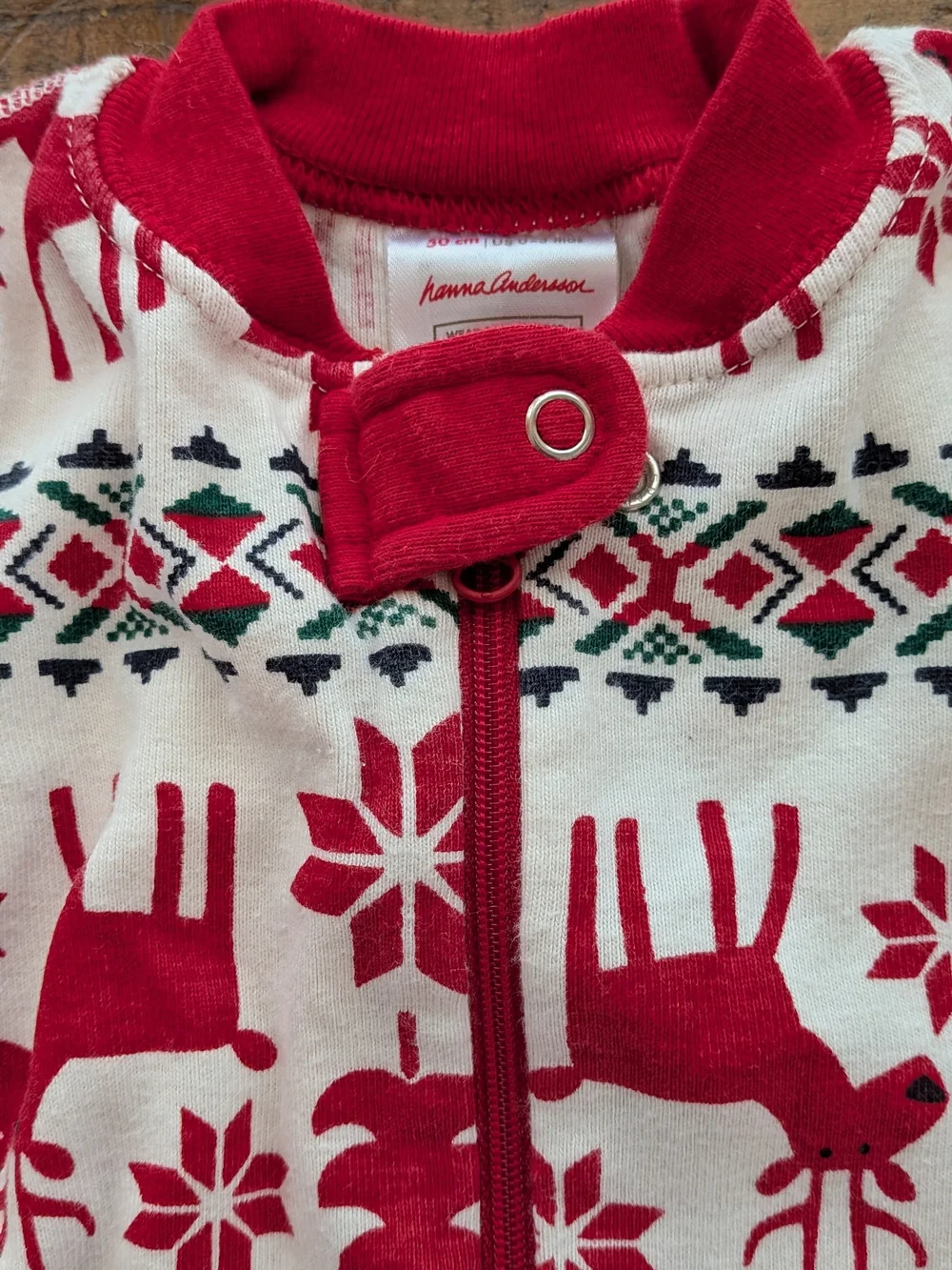 Hanna Andersson Red & White Reindeer Snowflake Footed One-Piece PJ 0-3m Organic